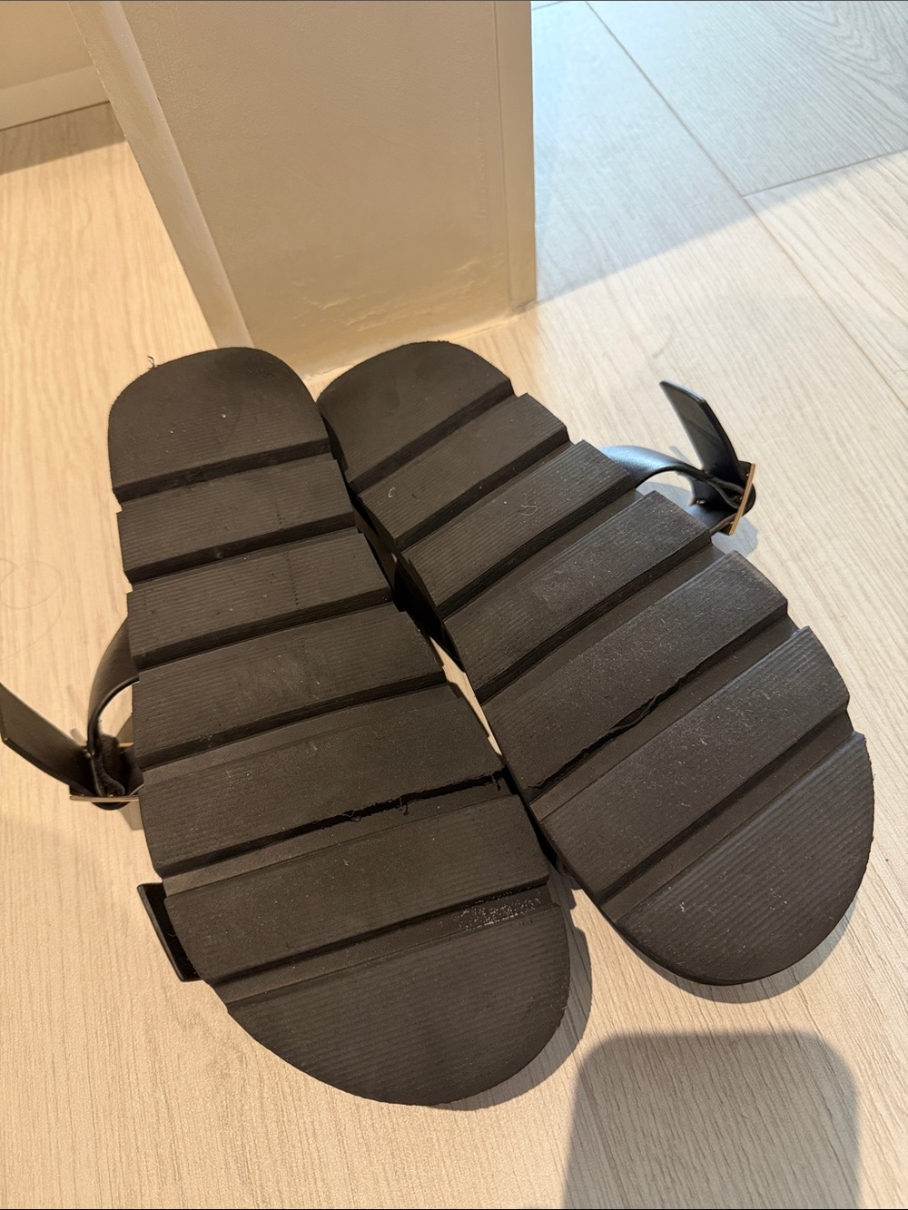 RAYE Black Slide Sandals with Gold Buckles - Picture 2 of 2